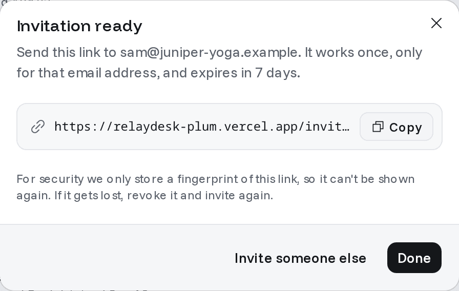 A one-time invitation link ready to copy